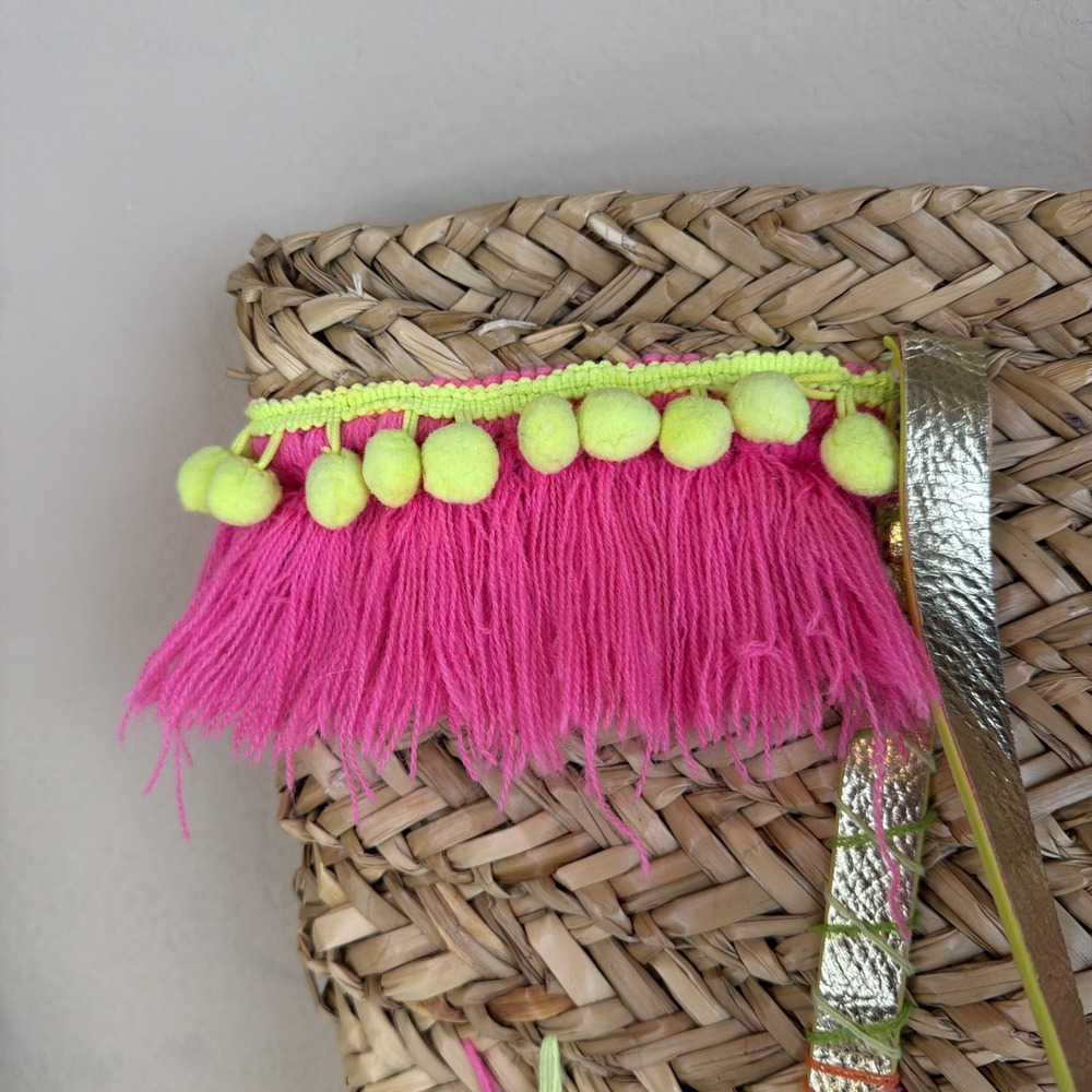 Lilly Pulitzer Large Woven Tote Bag, Gold Double Handles, Tassel Fringe, Open - Picture 8 of 15
